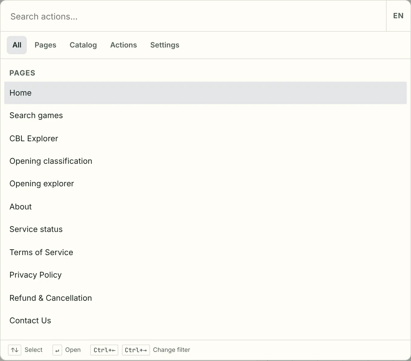 Command palette on Home. Pages jump to a screen; Catalog finds a listing.