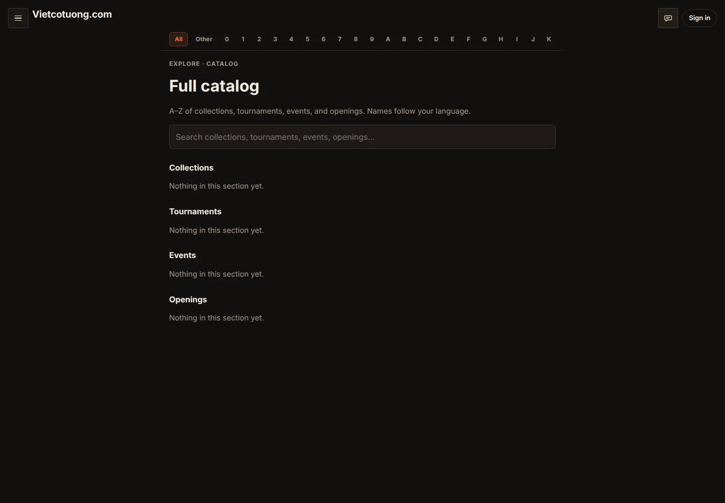 Real A–Z catalog · collections, events, and openings