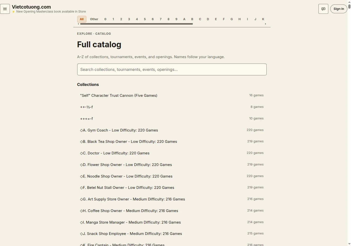 Real A–Z catalog · collections, events, and openings