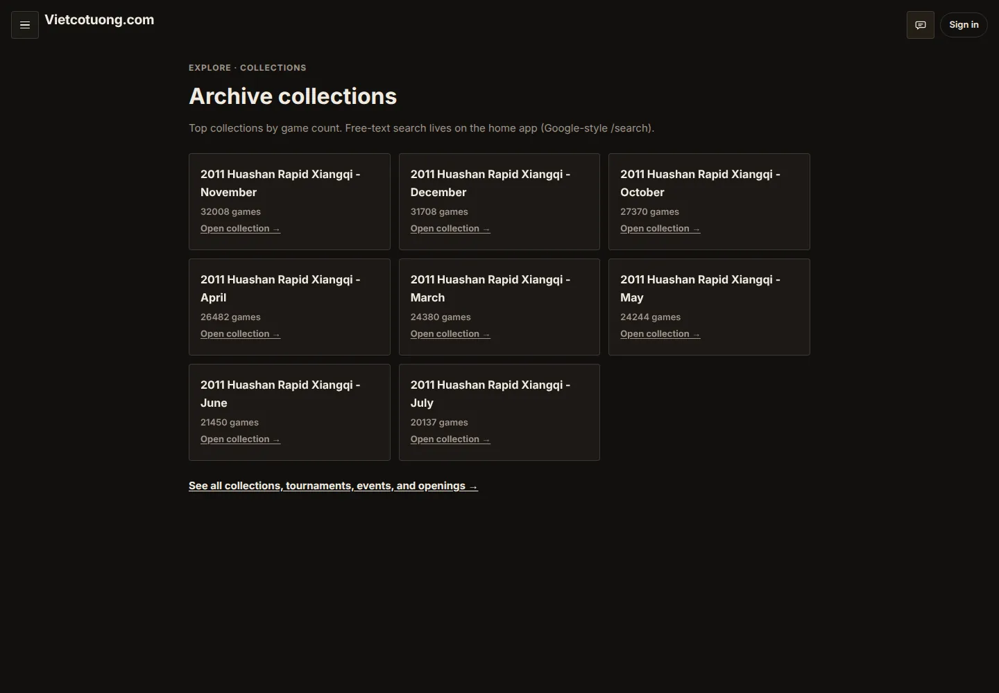 Vietcotuong archive collections and tournament indexes.