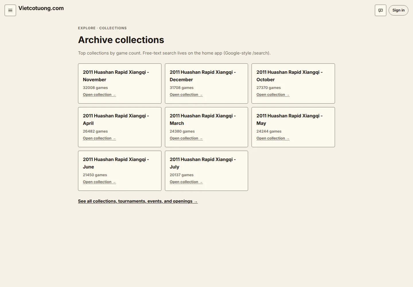 Vietcotuong archive collections and tournament indexes.